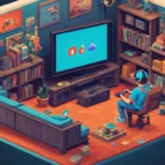 Un jugador jugando juegos antiguos en una consola original rodeado de elementos nostálgicos.