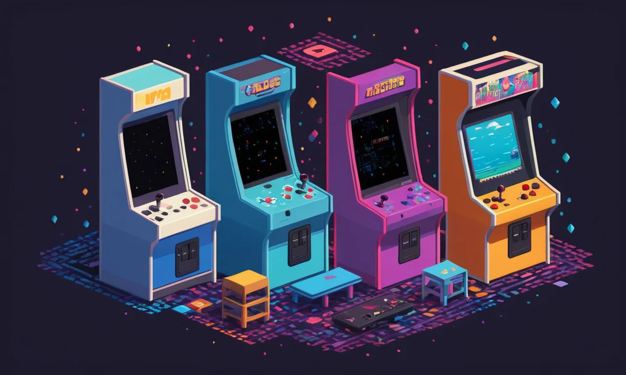 Un antiguo gabinete de arcade rodeado de consolas de juego nostálgicas y píxeles descoloridos, con una marca de preguntas que se mueve por encima.