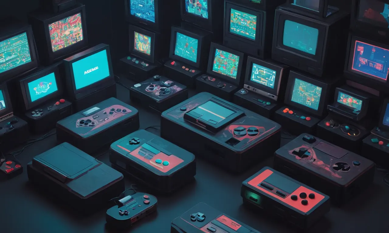 Una persona rodeada de viejas consolas de videojuegos y pantallas con mensajes de error, representando los desafíos de preservar la tecnología retro arcade.