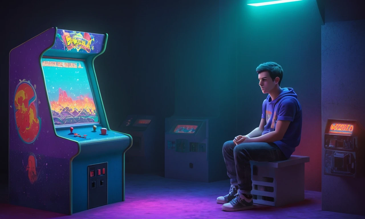 Un jugador nostálgico sentado solo frente a un gabinete de arcade polvoriento con una expresión desconcertada.