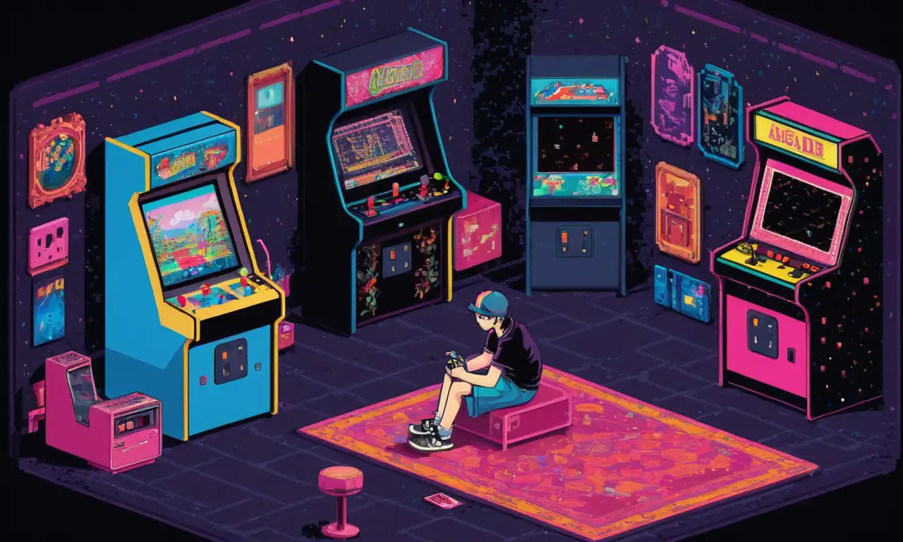Una persona sentada frente a una antigua consola arcade, rodeada de arte pixel nostálgico y juegos retro.