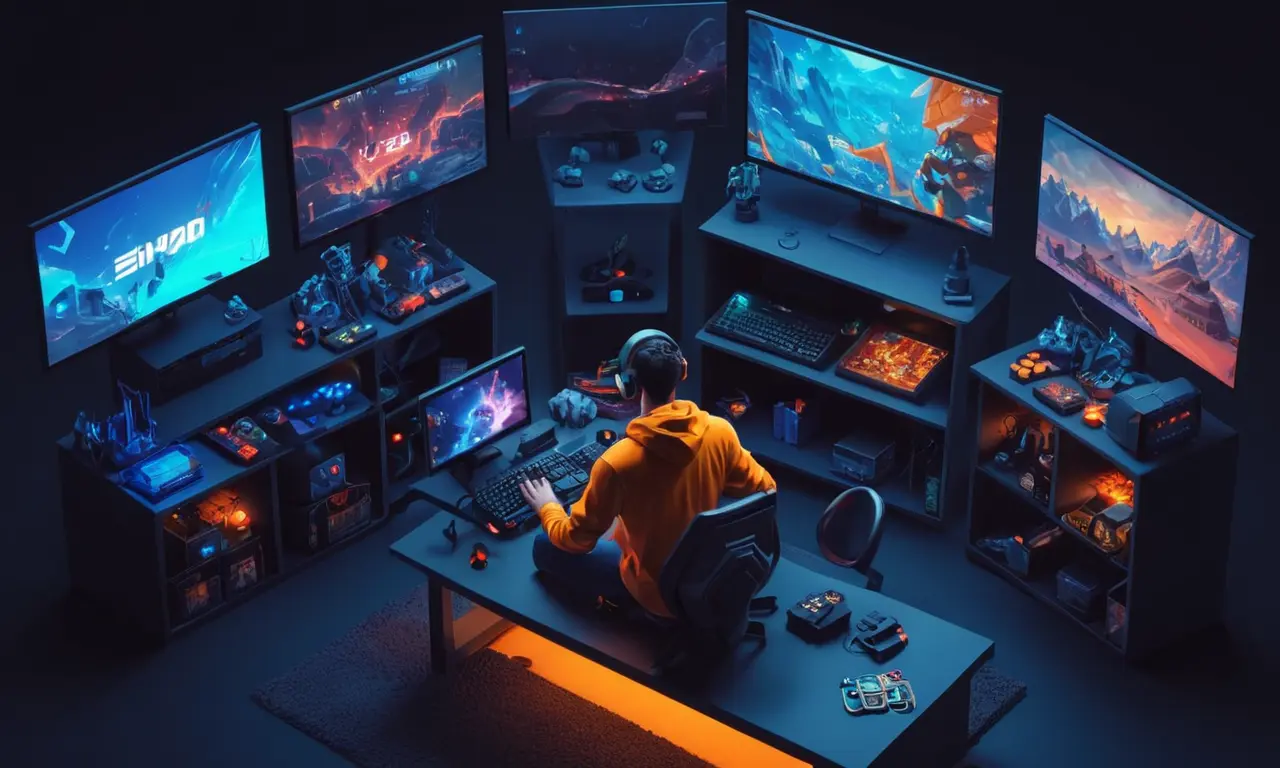 Un jugador rodeado de pantallas de ordenador y consolas de juego con varios iconos de juego modded.