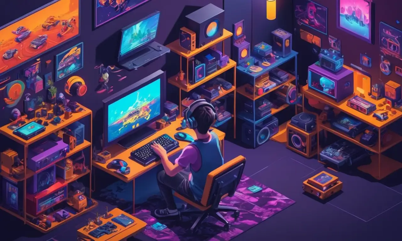 Un jugador rodeado de consolas de juegos retro y mods con un portátil abierto a un juego clásico en la pantalla.