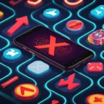 Una pantalla de teléfono inteligente que muestra varios logotipos de juego móvil con marcas rojas de X o mensajes de error.