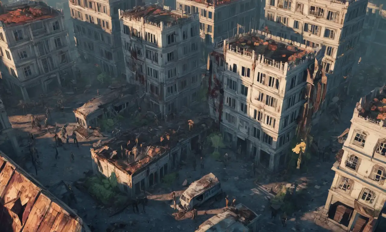 Un paisaje urbano devastado con zombis y edificios rotos, representando el mundo post-apocalíptico de Dying Light 2.