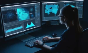 Un diseñador gráfico que trabaja en una pantalla de ordenador mostrando varios efectos post-procesamiento para contenido multimedia.