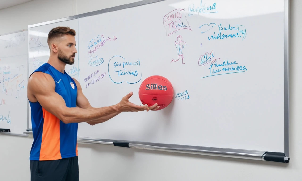 Un atleta profesional que sostiene una pelota frente a una pizarra con notas sobre entrenamiento continuo.