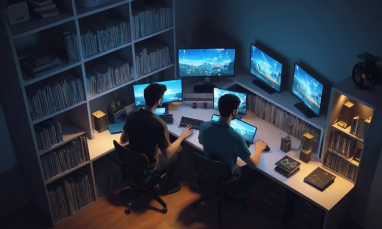 Un desarrollador de juegos sentado en un escritorio rodeado de libros de codificación y pantallas que muestran software de desarrollo de videojuegos.