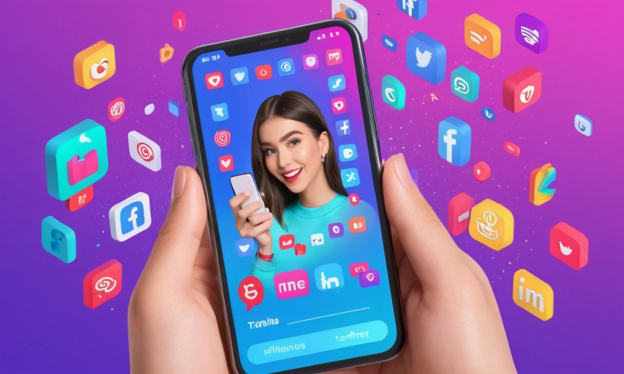 Un influencer de redes sociales que sostiene un smartphone con hashtags de campañas virales y símbolos de tendencia en la pantalla.