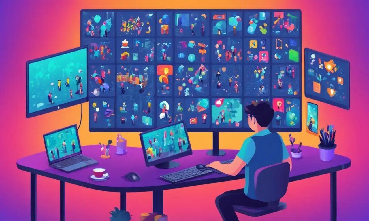 Una persona sentada frente a una pantalla de computadora con múltiples avatares mostrados.