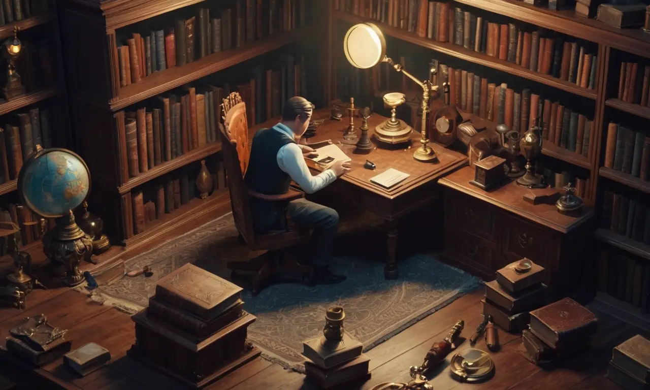 Un coleccionista sentado en un escritorio rodeado de libros y artículos antiguos con una lupa.