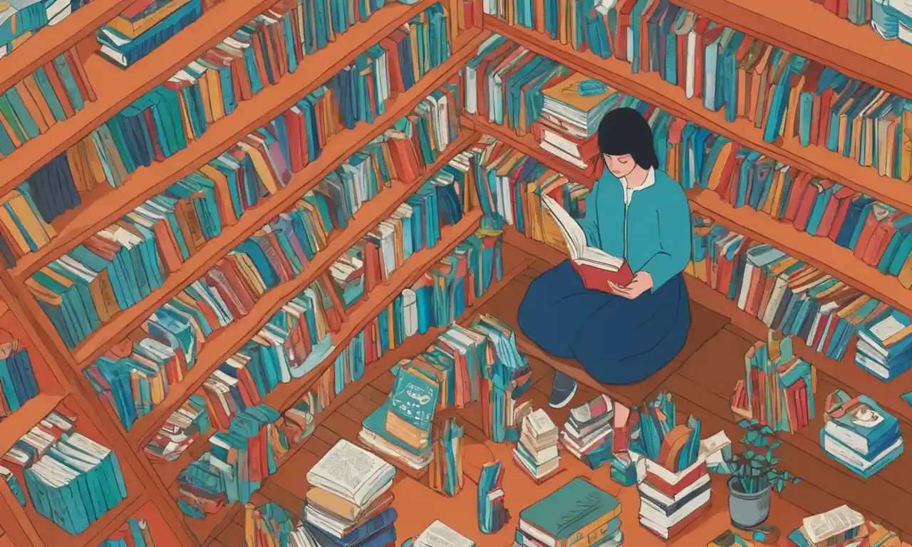 Una persona sentada en medio de estanterías, rodeada de libros sobre la recogida y publicación de recomendaciones.