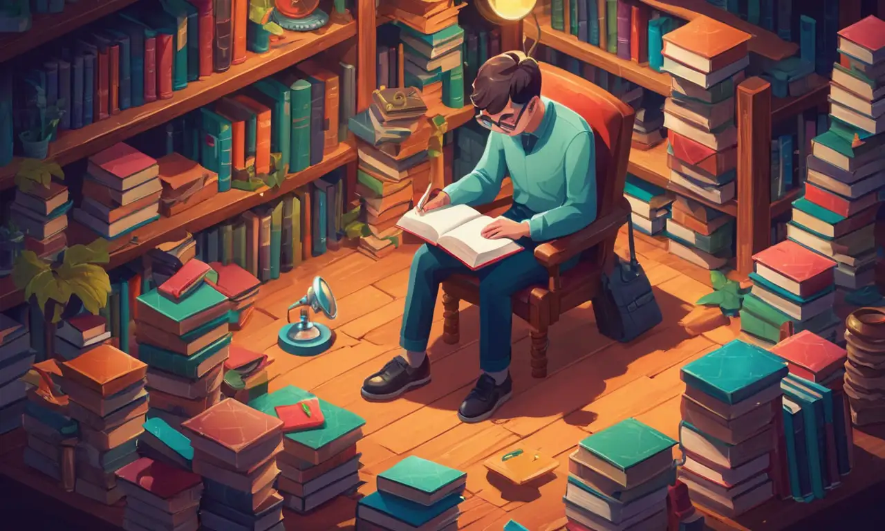 Una bóveda rodeada de montones de libros, con una lupa y un cuaderno.