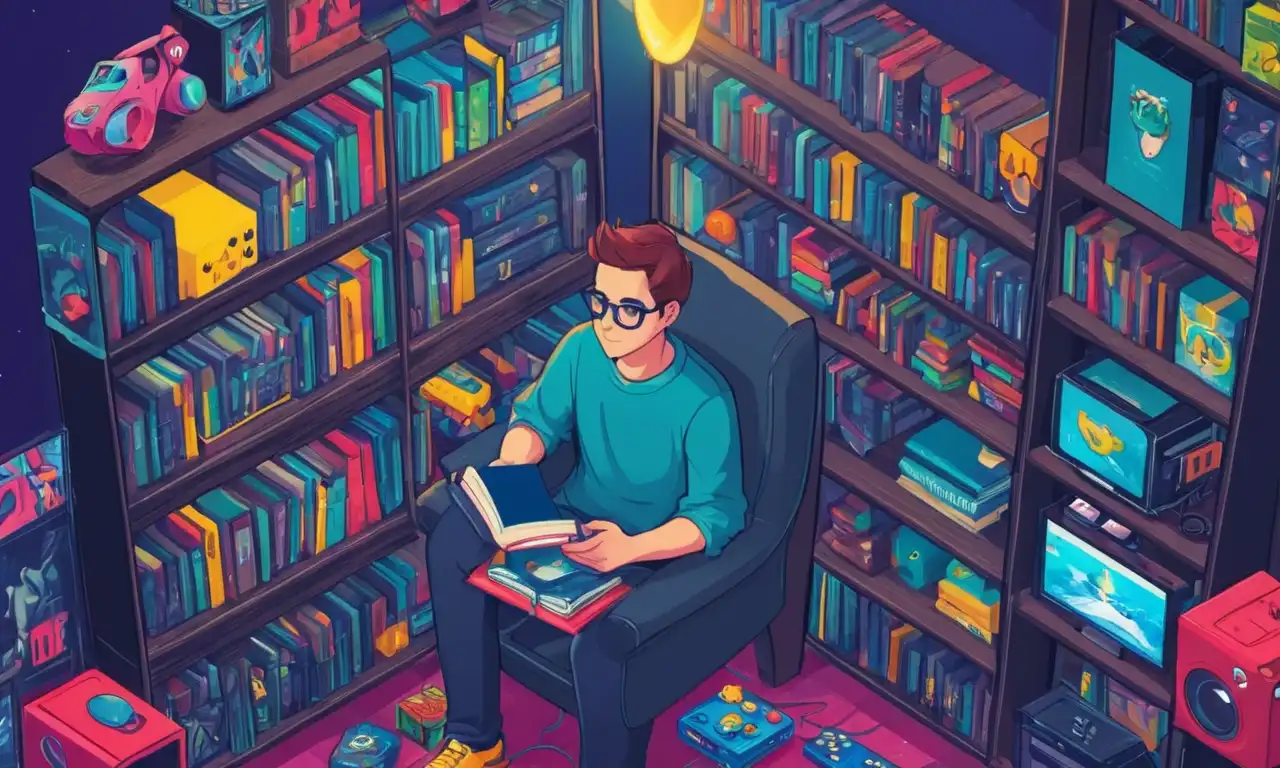 Una persona que sostiene una estantería con libros temáticos de juego rodeado de accesorios de juego y electrónica.