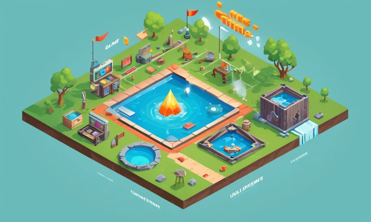 Un diagrama o ilustración de elementos de diseño del juego con texto e iconos.