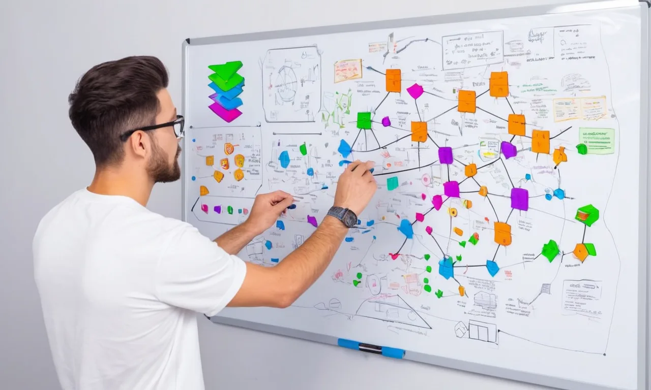 Un desarrollador de juegos que estudia una pizarra llena de diagramas y notas en el diseño de la gamificación.