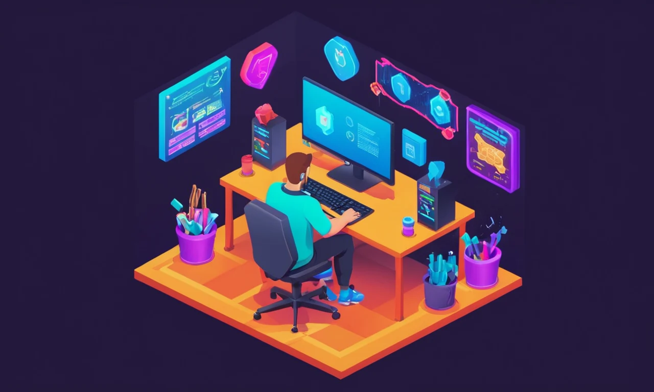 Un diseñador de juegos sentado frente a un ordenador con iconos de código y recompensa en la pantalla.