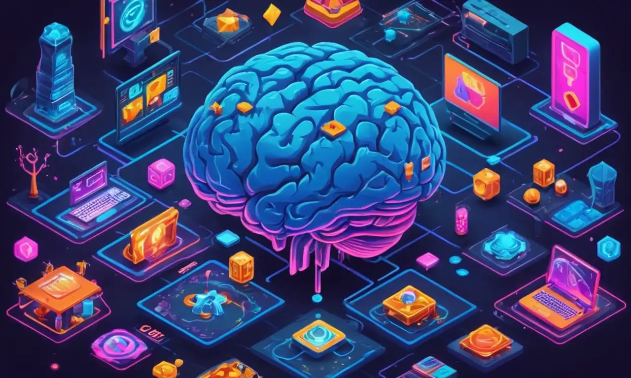 Un cerebro de jugadores rodeado de elementos de diseño de juego con recompensas y conceptos de psicología.