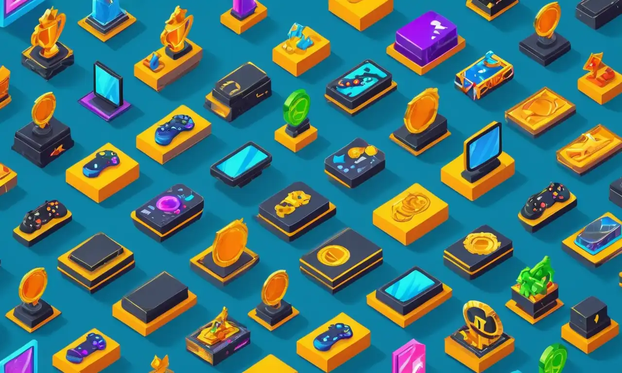Un collage de logotipos de consola de juegos con trofeos y premios mostrados prominentemente.