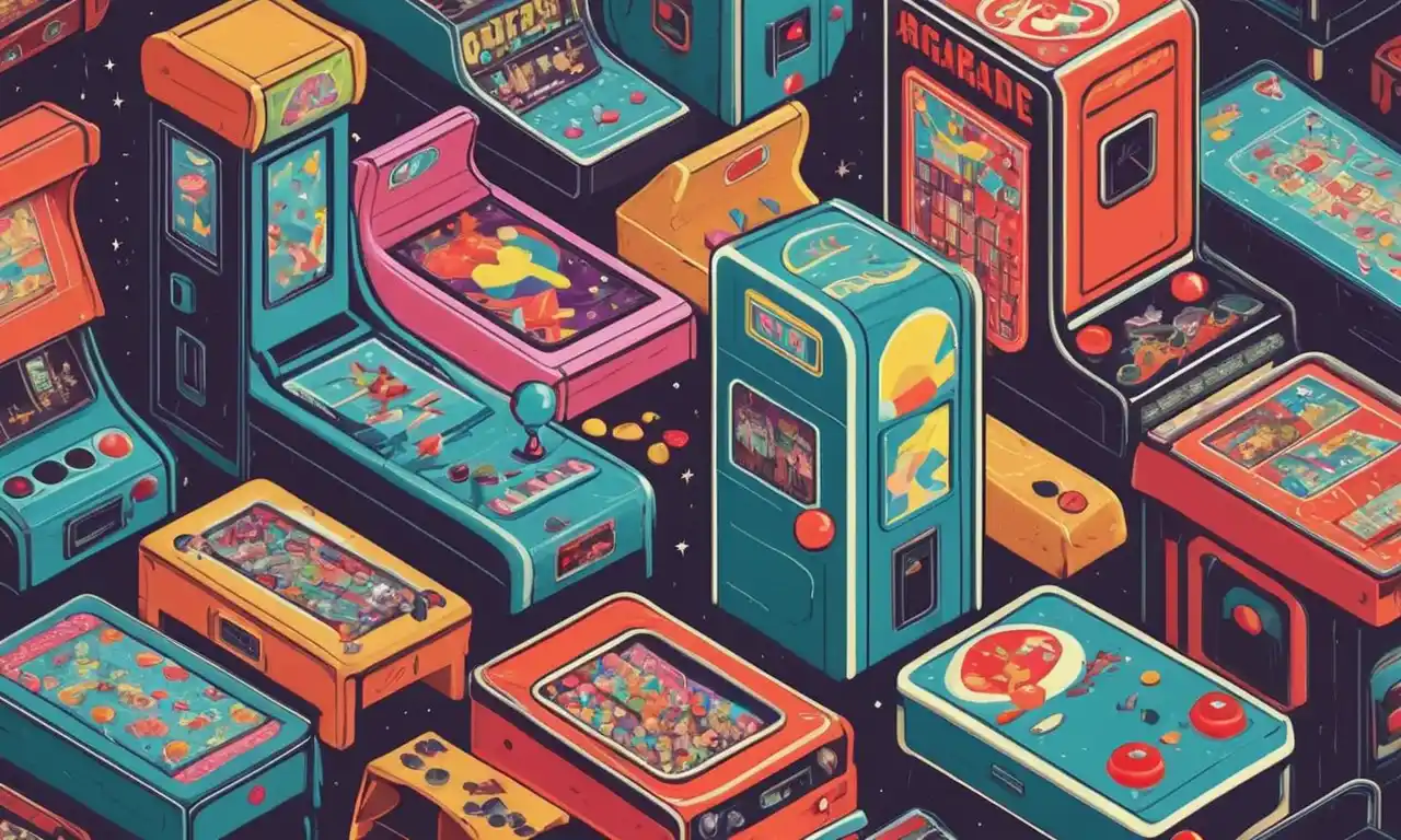 Una antigua máquina de arcade con juegos y botones nostálgicos, rodeada de ilustraciones de estilo vintage.