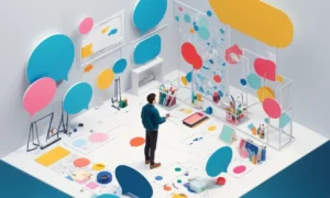 Artista de pie frente a una obra gráfica conceptual