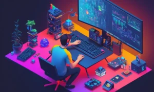 Una codificación de programador en una pantalla de computadora rodeada de herramientas de software de juego.