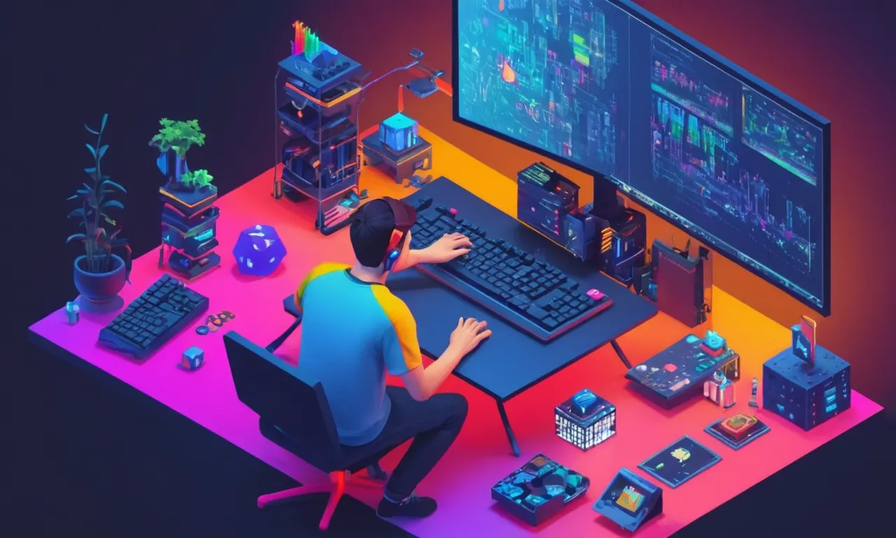 Una codificación de programador en una pantalla de computadora rodeada de herramientas de software de juego.