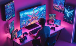 Un jugador que sostiene una consola de juego de alto rendimiento en medio de pantallas de flash y controladores de juego.