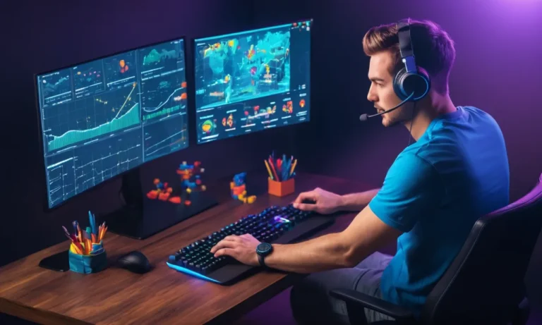 Un jugador sentado frente a un monitor de computadora mostrando métricas de juego y estadísticas.