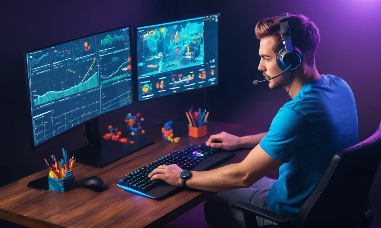 Un jugador sentado frente a un monitor de computadora mostrando métricas de juego y estadísticas.