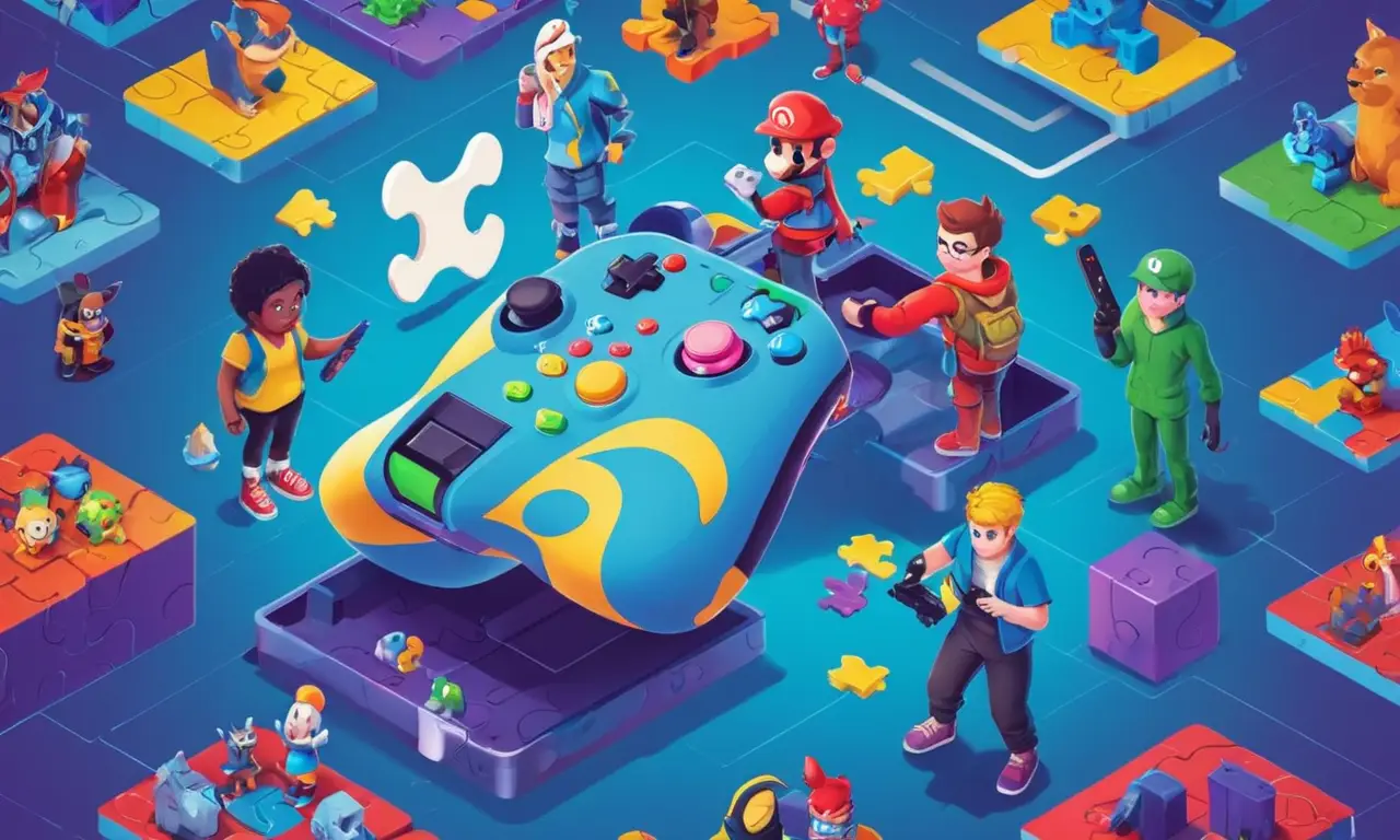 Una persona que sostiene un controlador rodeado de diversos personajes de juego y piezas de rompecabezas.