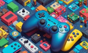 Un cierre de un controlador de videojuegos rodeado de personajes coloridos de diversos orígenes.