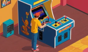 Una persona jugando un juego de arcade de la vieja escuela en una consola clásica restaurada.
