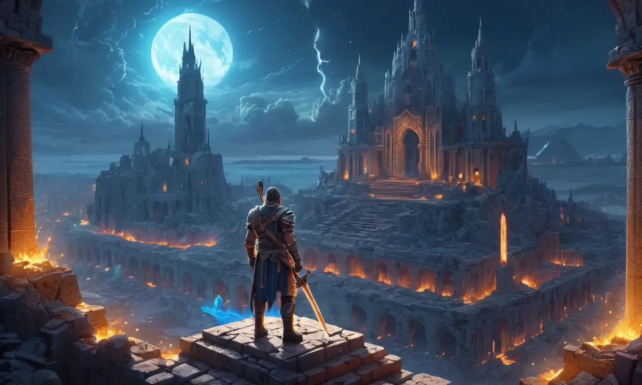 Un guerrero victorioso en medio de las ruinas de un paisaje urbano de fantasía