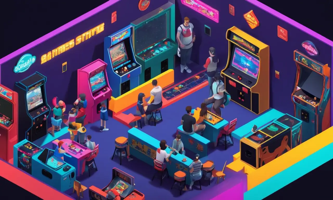 Un arcade de estilo retro con jugadores modernos jugando juegos clásicos en máquinas reformadas.