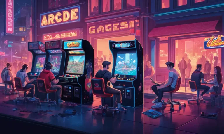 Un grupo de jugadores sentados en máquinas arcade clásicas en medio del escenario moderno de la ciudad.