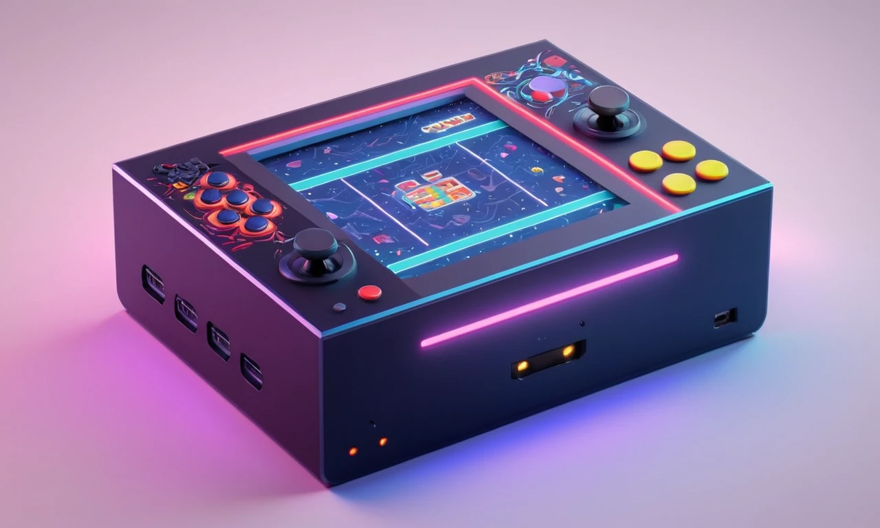 Una consola futurista de juego con juegos retro arcade mostrados en su pantalla.