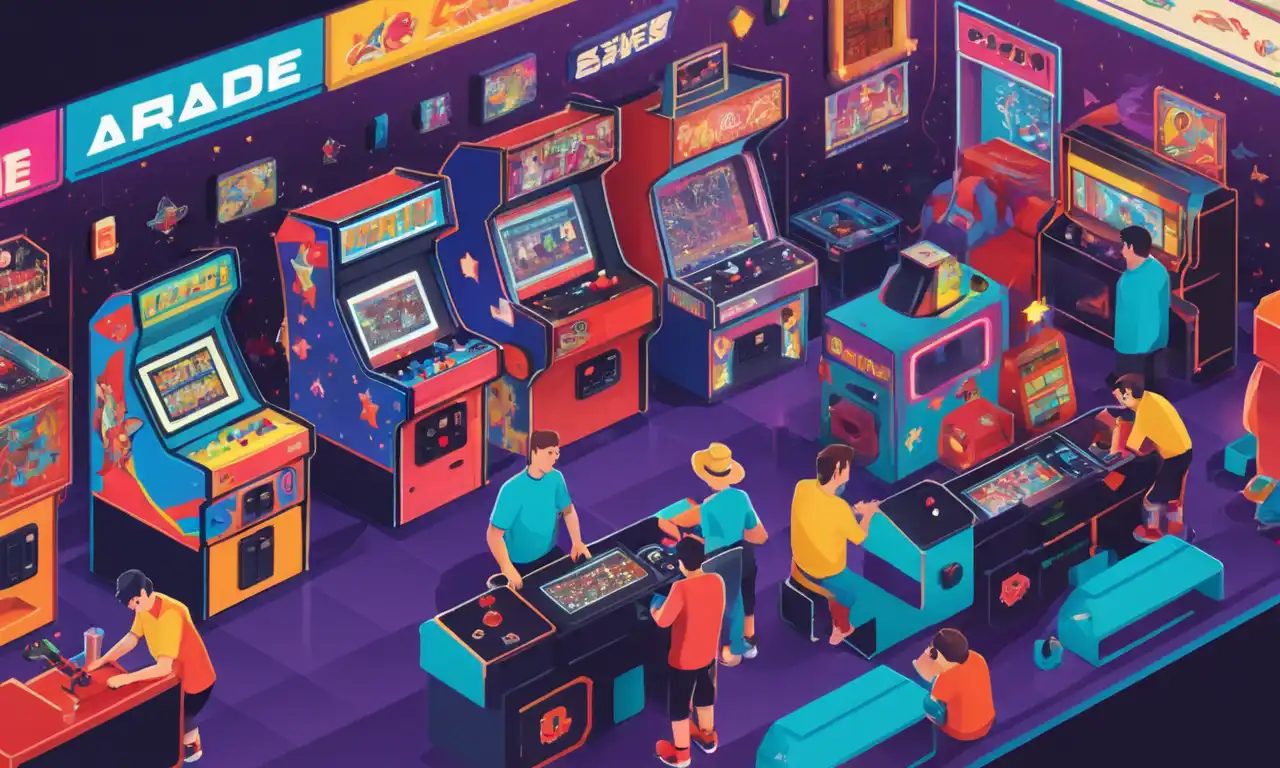 Un jugador nostálgico rodeado de máquinas arcade clásicas y consolas retro juego, con miembros de la comunidad jugando juntos en el fondo.