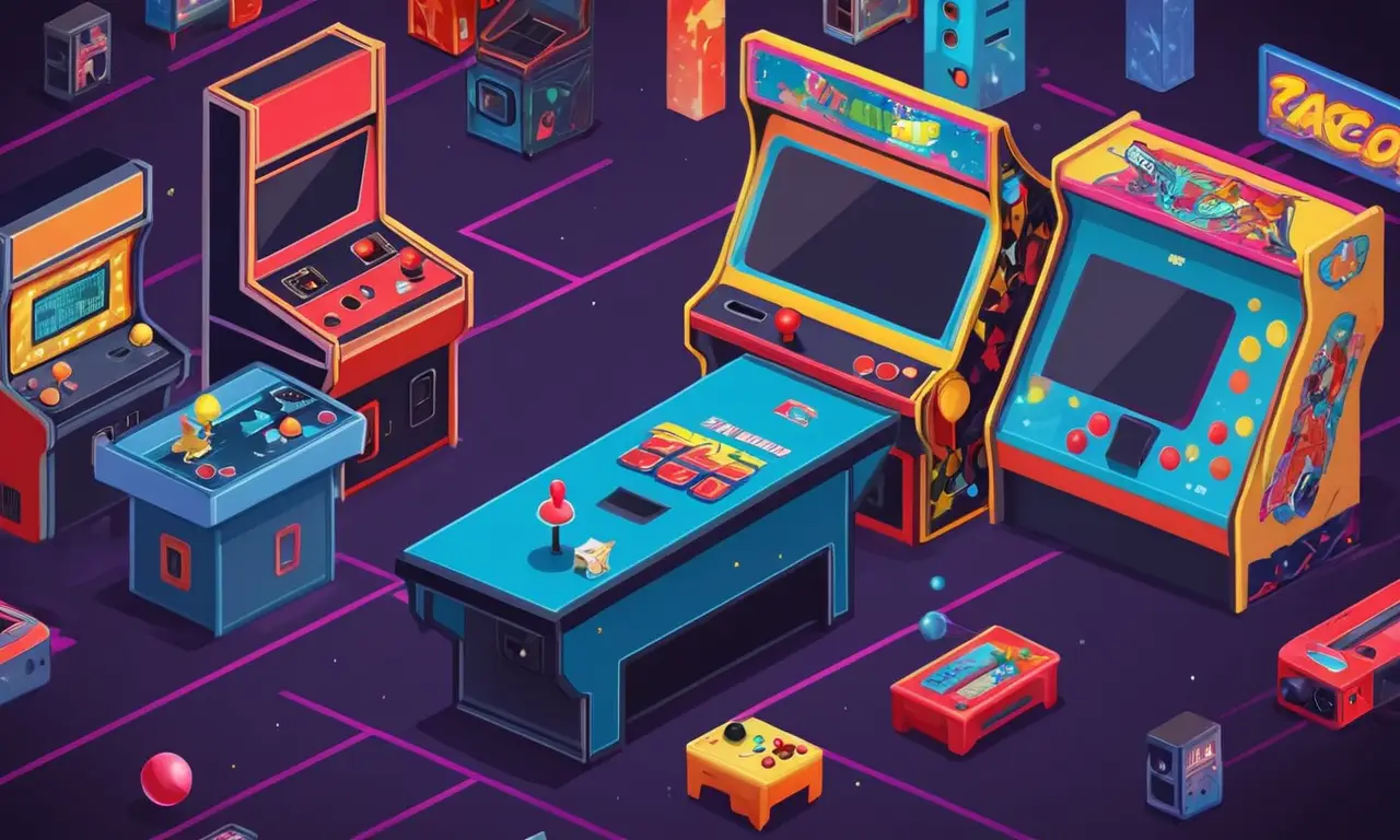 Una ilustración nostálgica de juegos de arcade clásicos con consolas modernas en el fondo.
