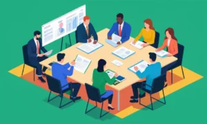 Un grupo de personas se reunió alrededor de una mesa con materiales y documentos de negocios cooperativos.