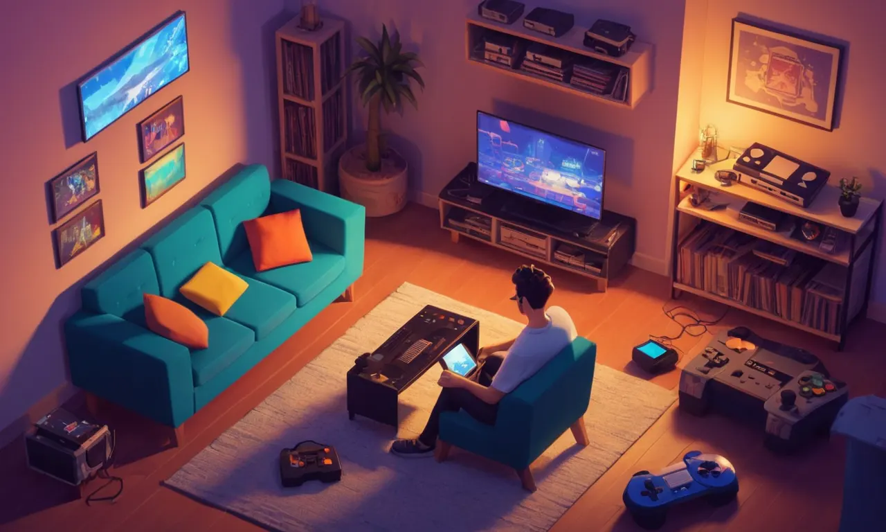 Un jugador nostálgico sentado en un sofá, rodeado de viejas consolas y juegos, con un resplandor cálido.