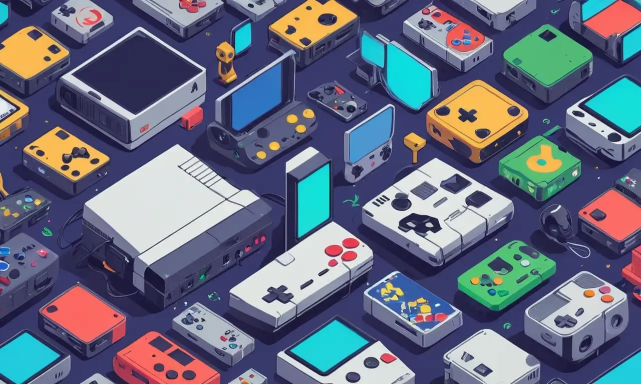 Un collage de antiguas consolas de videojuegos y personajes rodeados de símbolos de redes sociales.