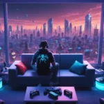 Un jugador sentado en un sofá