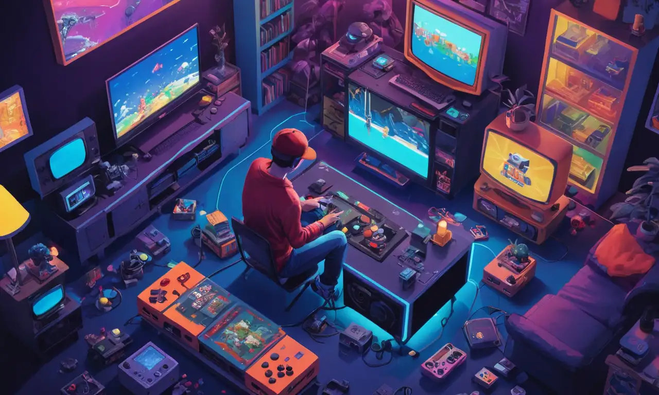 Un jugador inmerso en un mundo virtual en su consola PS rodeado de consolas de juegos retro nostálgicas.