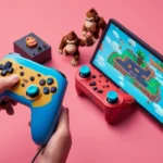 Una persona que sostiene un controlador con el personaje Donkey Kong en la pantalla.