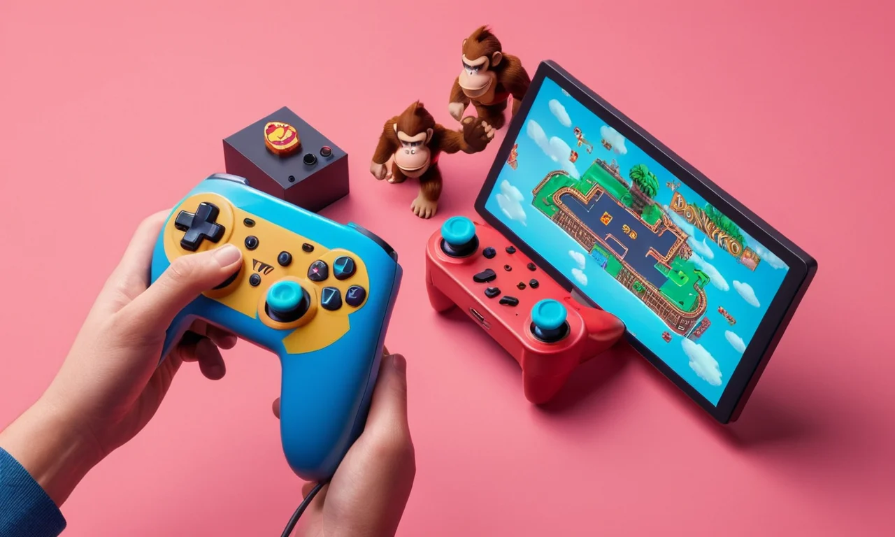 Una persona que sostiene un controlador con el personaje Donkey Kong en la pantalla.