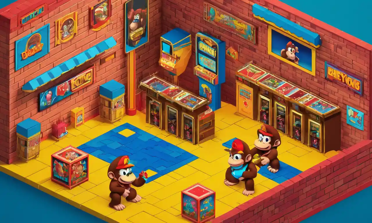 Una ilustración de la icónica máquina de arcade de Donkey Kong con piezas de rompecabezas y secretos revelados.