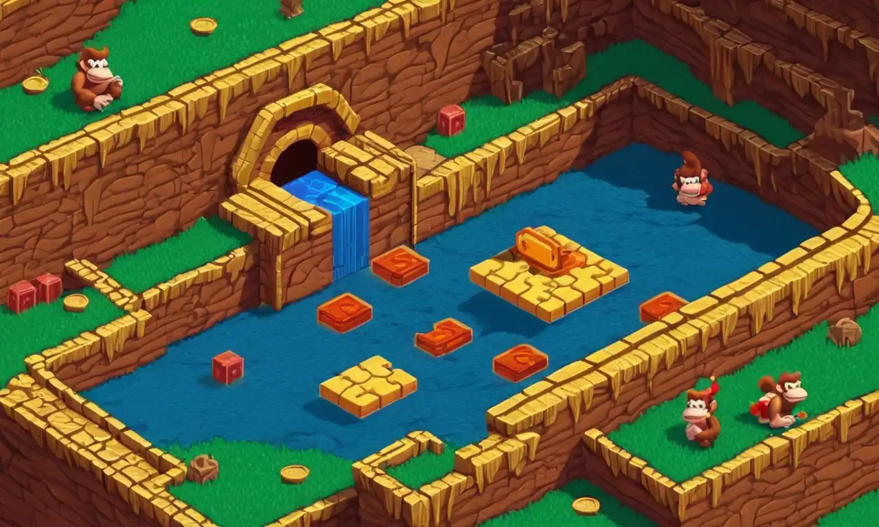 Pantallas clásicas de juegos de arcade de Donkey Kong con una pieza de rompecabezas en el fondo que representa los secretos de juegos.