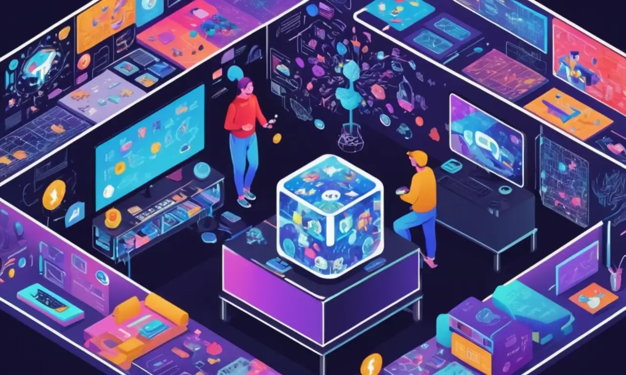 Una persona jugando videojuegos con avatares en pantallas rodeadas de textos psicológicos y diagramas.