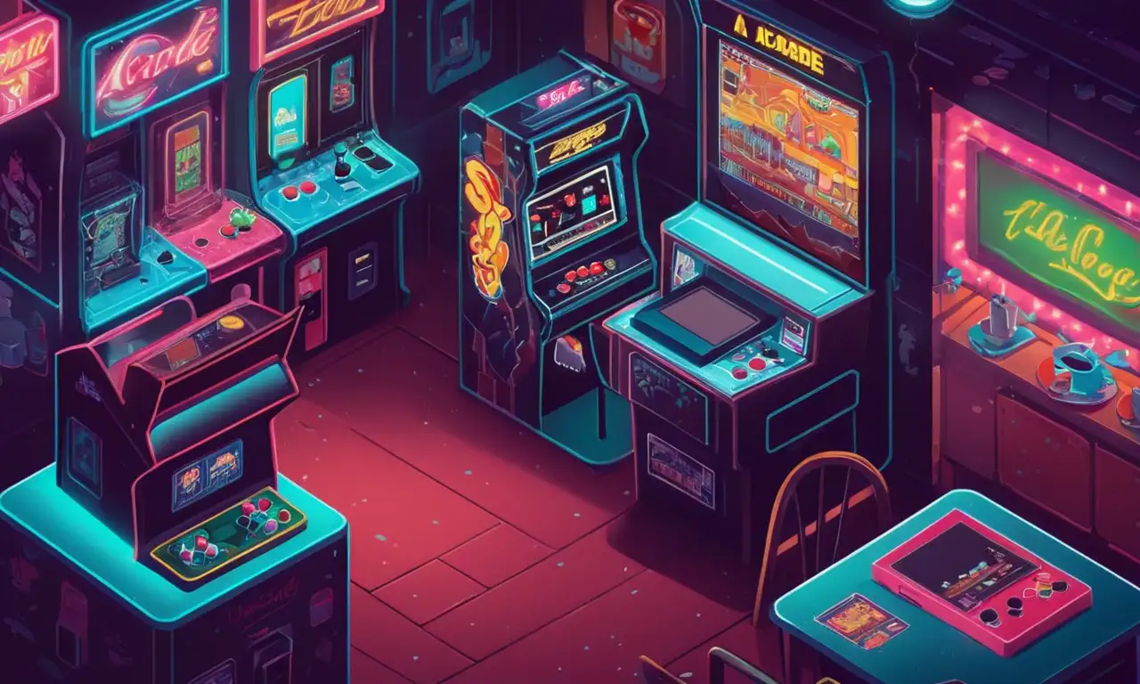 Una ilustración nostálgica de máquinas arcade vintage y consolas de juegos retro en una cafetería muy iluminada.